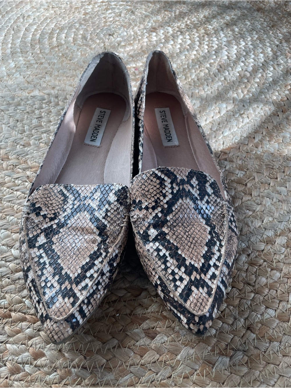 Steve Madden Snake-Print Pointed Toe Flats in Beige and Black